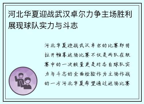 河北华夏迎战武汉卓尔力争主场胜利展现球队实力与斗志