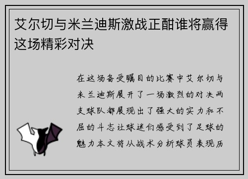 艾尔切与米兰迪斯激战正酣谁将赢得这场精彩对决